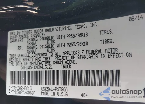 2014 Toyota Tundra Sr5 5.7L V8 из США, поврежденный, VIN 5TFDW5F1XEX413121